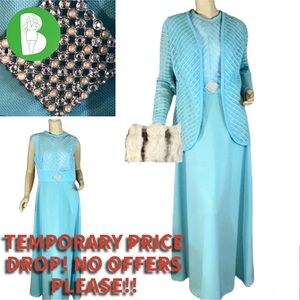 JOHN LANE X SEYMOUR LEVY VINTAGE 1960'S AQUA BLUE DRESS & LACE JACKET SET (L)